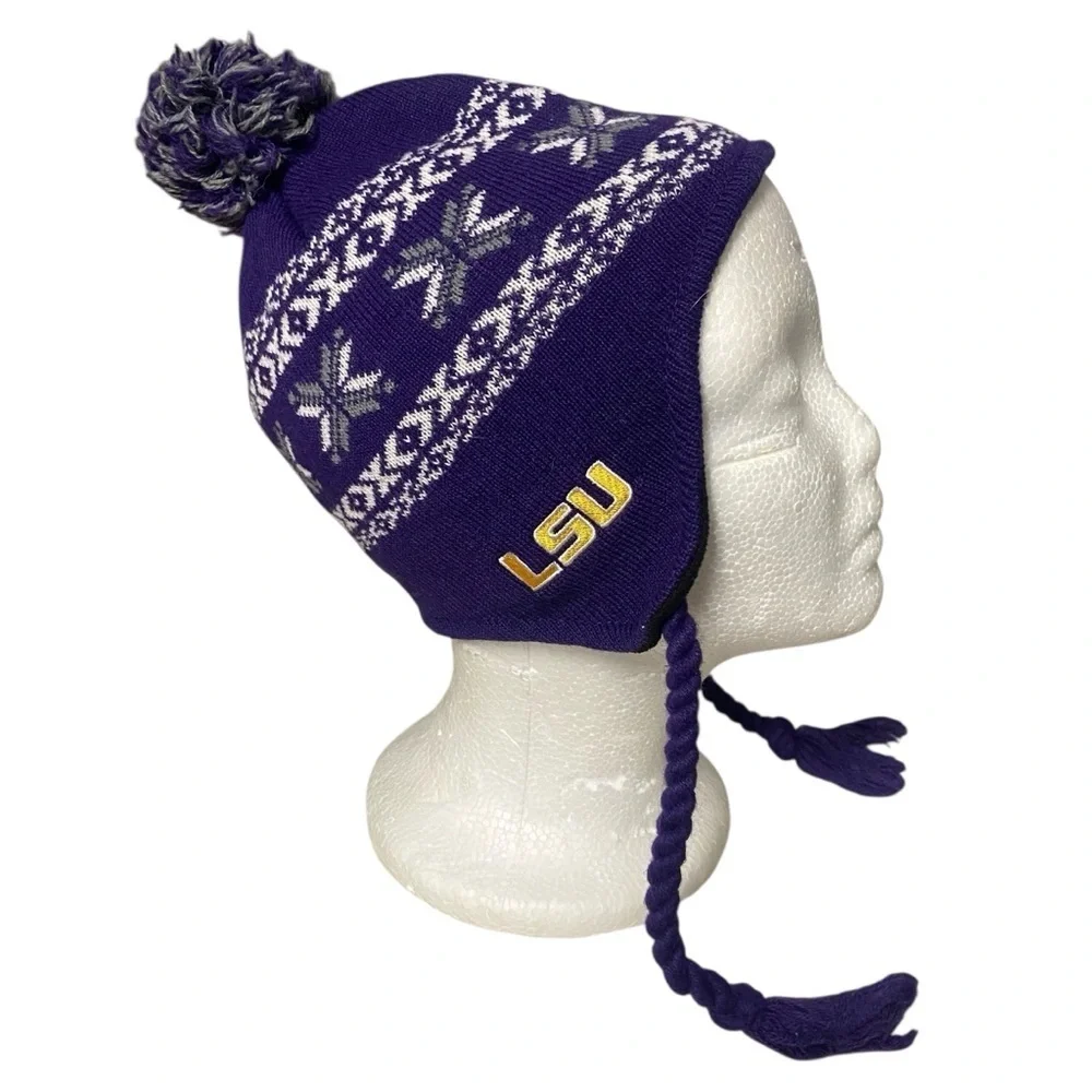 Captivating Headwear Kids Beanie with Earflaps Pom Pom OS LSU Purple Gold Sporty